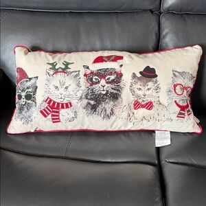 Festive Cat Throw Beige Pillow with Red Accents